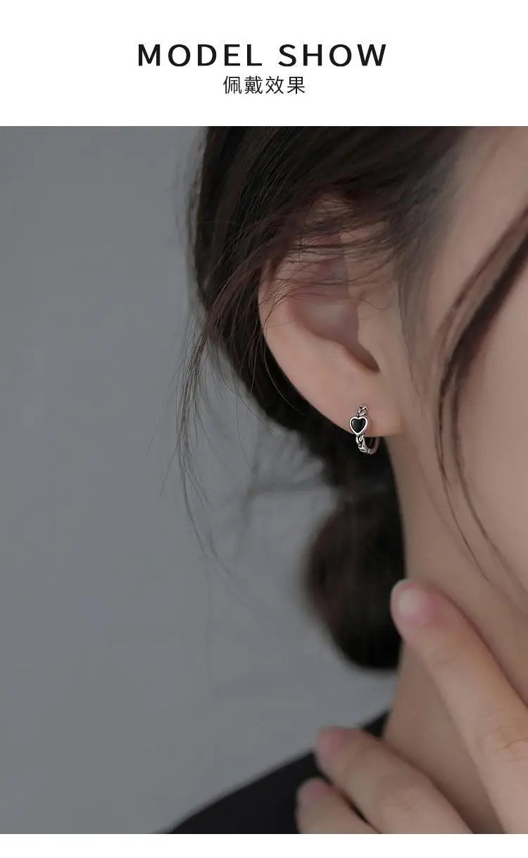 925 Sterling Silver Black Heart hoop Earrings Temperament Simple Inlaid for Women Wedding Jewelry Accessories