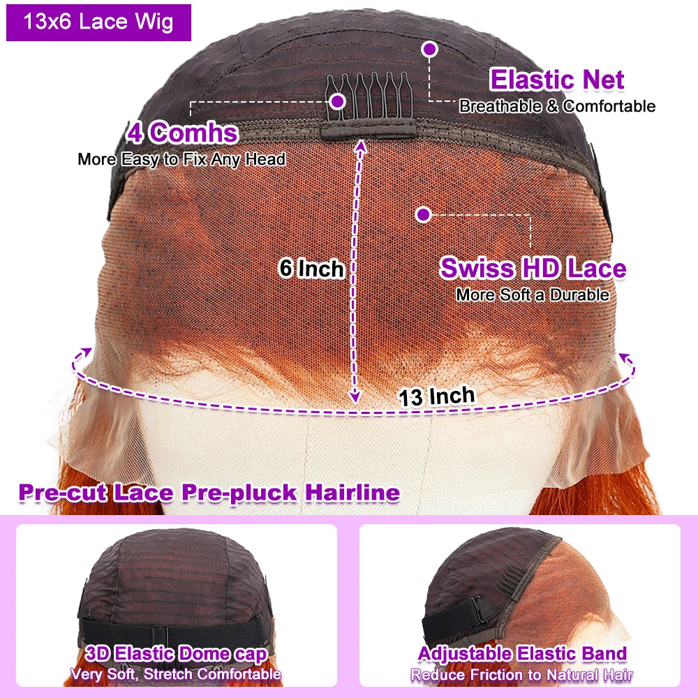 Swupod 13x4 13x6 220% Density Transparent HD Lace Front Wig for Women Deep Wave Remy Human Hair Ginger Orange 350# Loose Curly