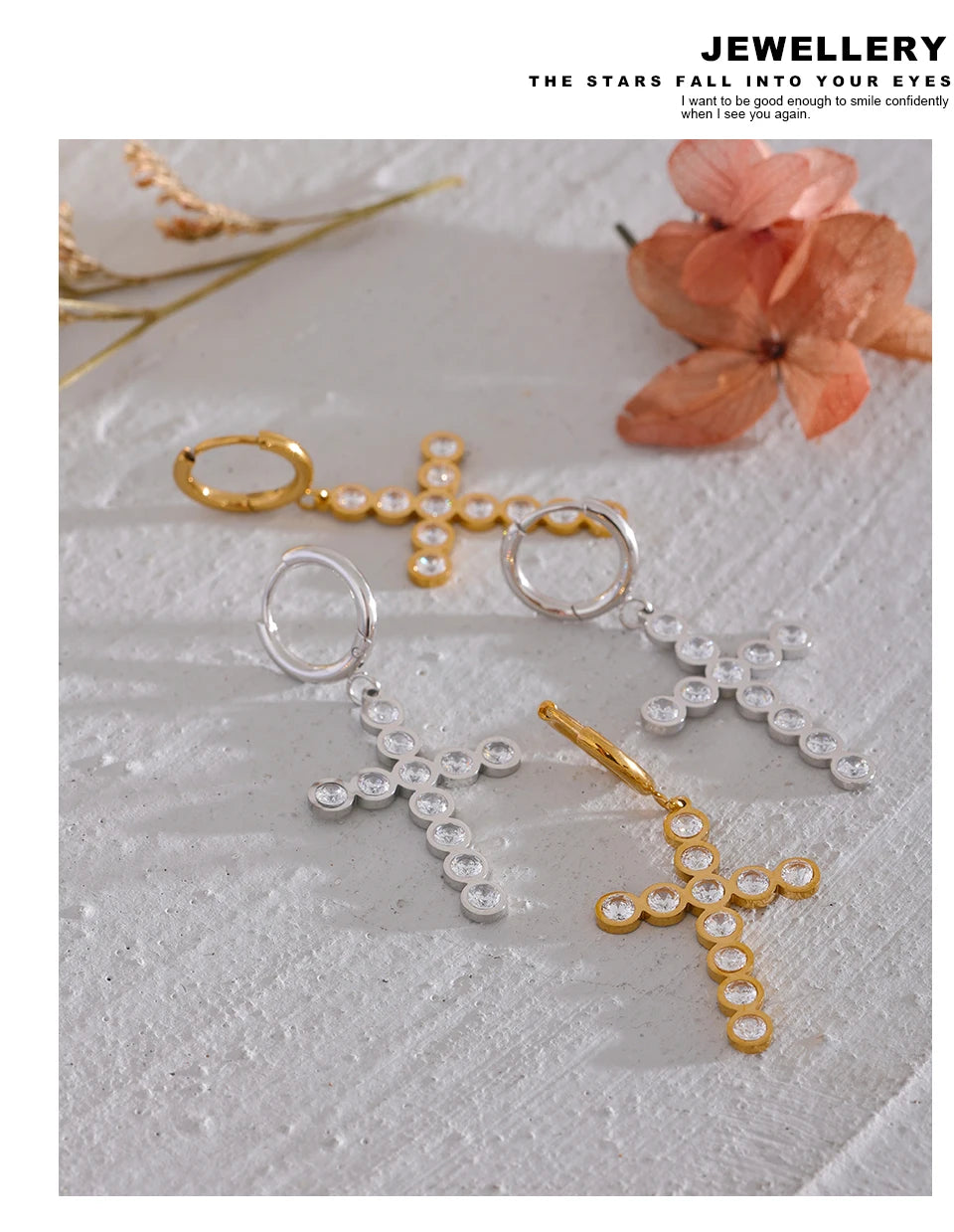 Yhpup Waterproof Colorful Cubic Zirconia Stainless Steel Cross Drop Hoop Earrings Fashion Daily Men Women Unisex Golden Jewelry