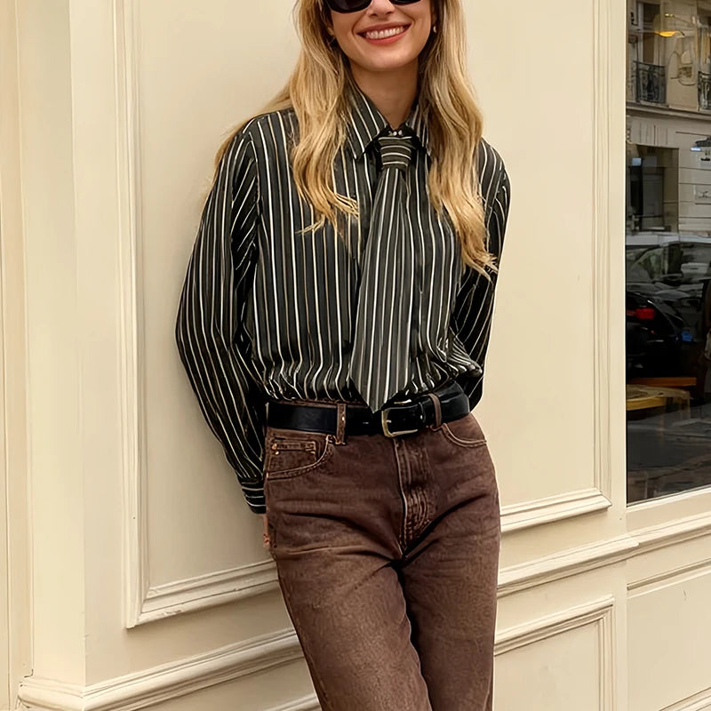 Womens Striped Shirt With Tie And Turn Down Collar Long Sleeves Fashionable And Versatile A Must Have Item For Spring And Autumn Freshlook Styles