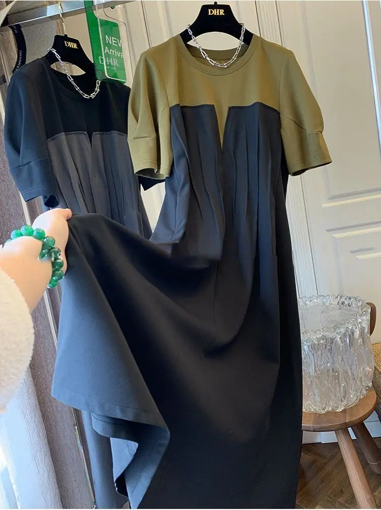 Women Plus Size L-5XL T Shirt Dress Short Sleeve O Neck Pleating Knee Dresses Female 2024 Summer Casual Fashion Clothing Robe