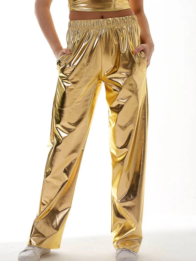 Women Adult Shiny Straight Leg Pants Casual High Waist Metallic Pants Super Long Holographic Pants Disco Bottoms Viralgem Store