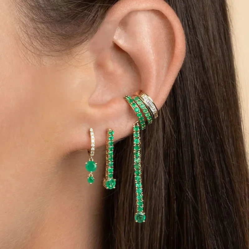 925 Sterling Silver Ear Buckle Green Series Crystal Cube Zircon Pendientes Hoop Earring Fashion Premium Huggie Jewelry For Women