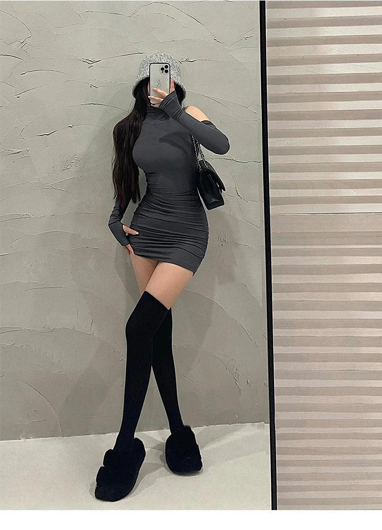 Summer Sexy High Neck Tight Dress Oversleeve Pleated Bottom Wrapped Hip Dress Women Bodycon Viralgem Store