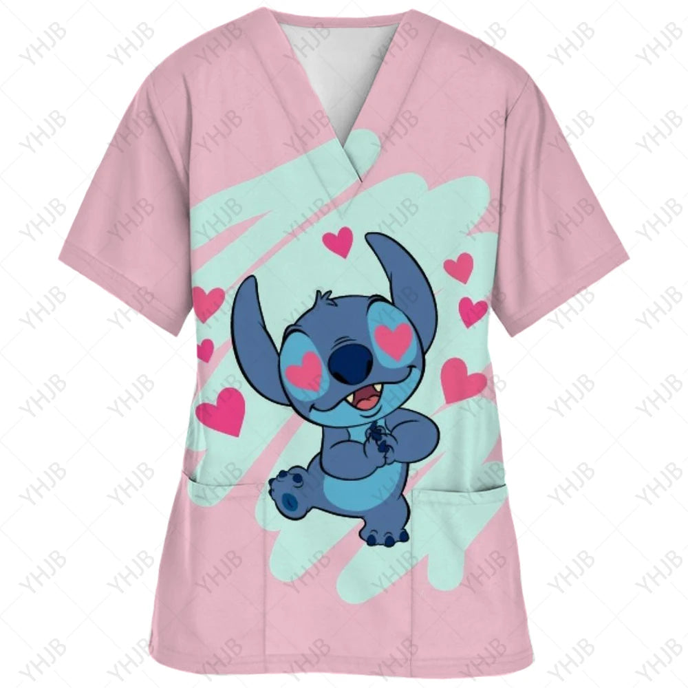 Top Women 2024 Minnie Mouse Tops Disney T Shirt Pocket T-shirts Hospital T-shirt Summer Nurse Uniform Woman Clothes Mickey Tees