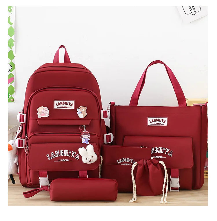 5-piece Set of Free Pendants Forest Style Korean Version Casual Harajuku Student Backpack for High School Girls Large Capacity Viralgem Store