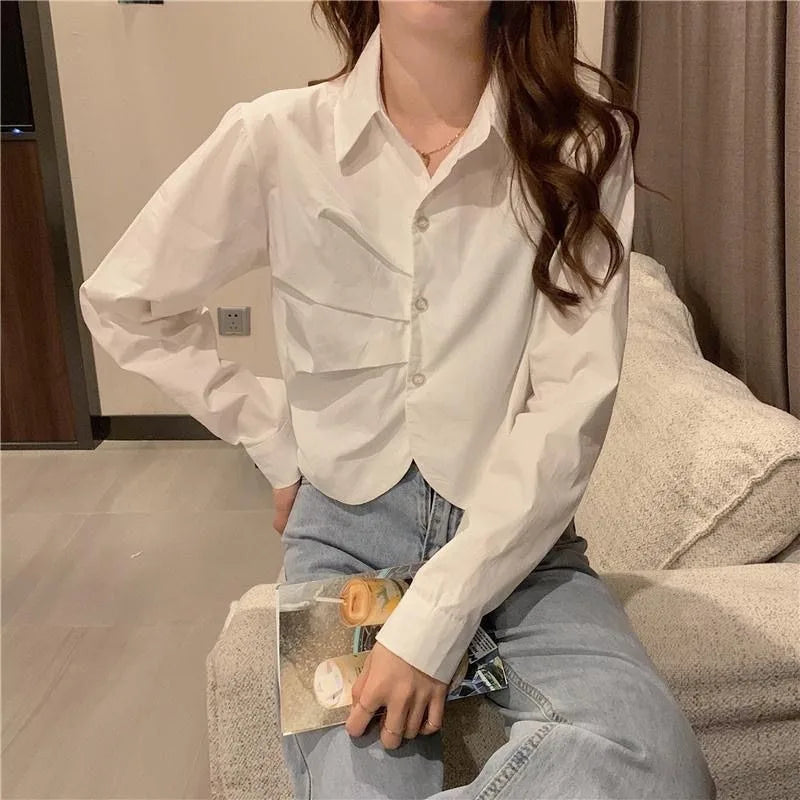 Striped Shirt Women's Design Niche Spring Autumn New Slim Versatile Pleated Long-sleeved Short Top Freshlook Styles