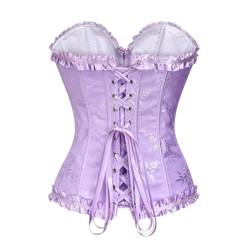 Yellow Jacquard Ruffled Trim Boned Sexy Overbust Push Up Bustier Top Corset Mujer Slimming Corsets For Women Sexy Gothic Clothes