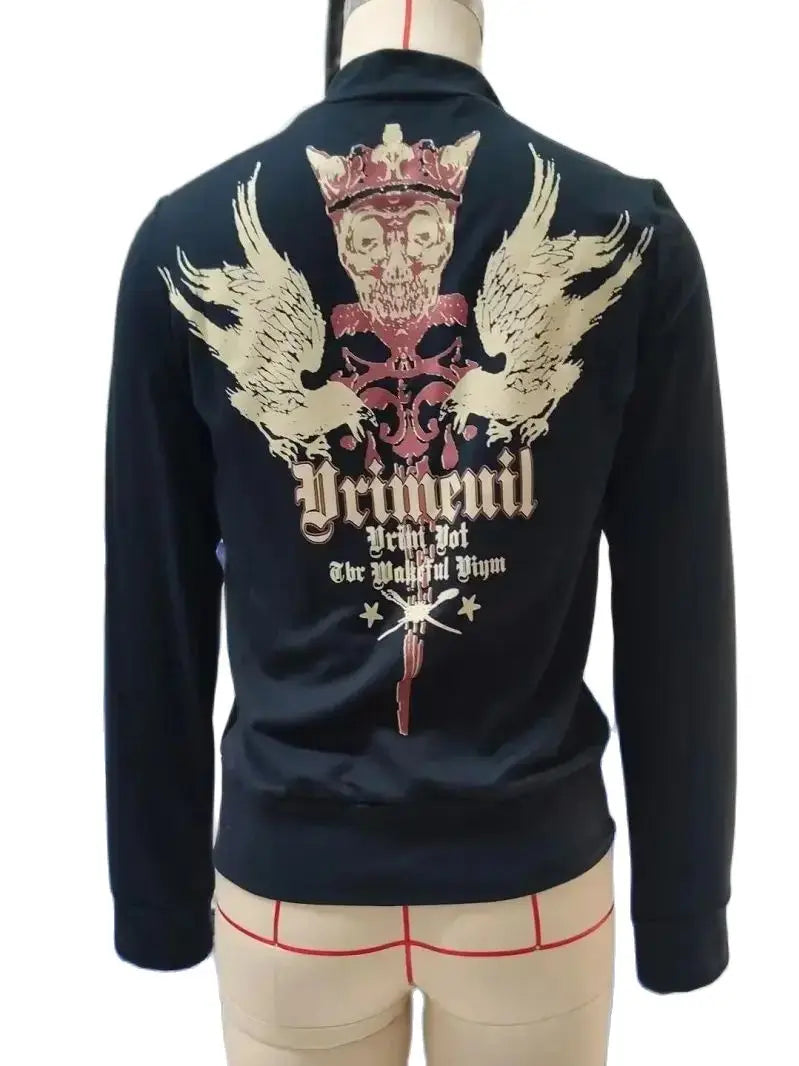 Women Fashion Skull and Letter Print Hoodies y2k Side Tie Up Coats Casual Long Sleeve Zip Up Hoodies Black Basic Slim Sweatshirt