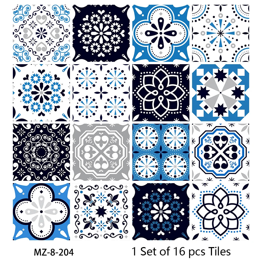 16pcs/set Black & White Tiles Sticker Kitchen Backsplash Wardrobe Bathroom Waterproof Peel & Stick Bright Film Art Wall Decals