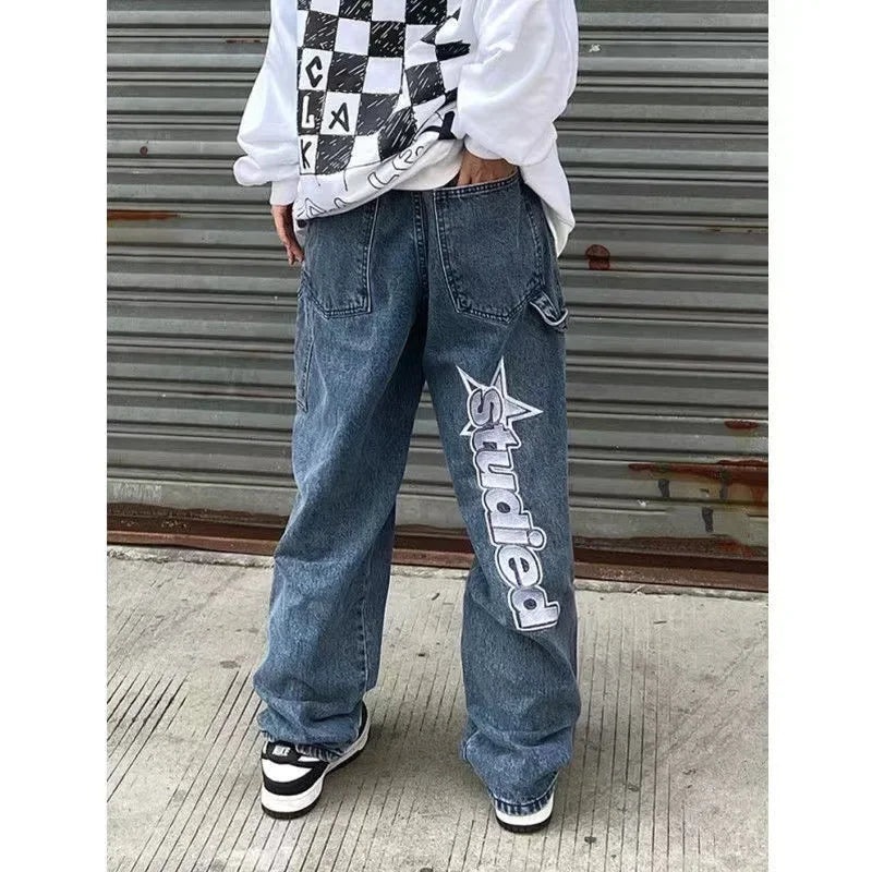 Y2K Women Fashion Streetwear Casual Letter Print Straight Wide Leg Pants Baggy Denim Trousers Men Low Rise Jeans Clothes