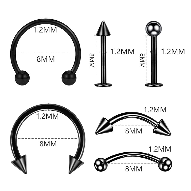 12PC Titanium Tragus Piercing Nose Earring Septum Labret Lip Ring Cartilage Industrial Tongue Barbells Eyebrow Body Jewelry
