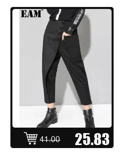 [EAM] Loose Fit Black Denim Big Size Sweatshirt New High Collar Long Sleeve Women Big Size Fashion Spring Autumn 2024 1K166