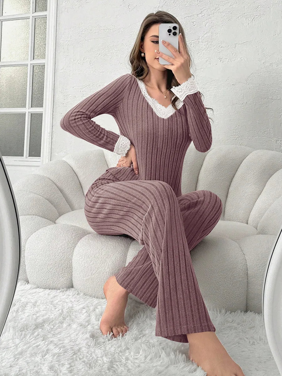 Women's Pajama Set Solid Pit Strip Sleepwear Lace V-neck Long Sleeves Tops Trousers Suit Elegant Casual Home Loungewear Nighties