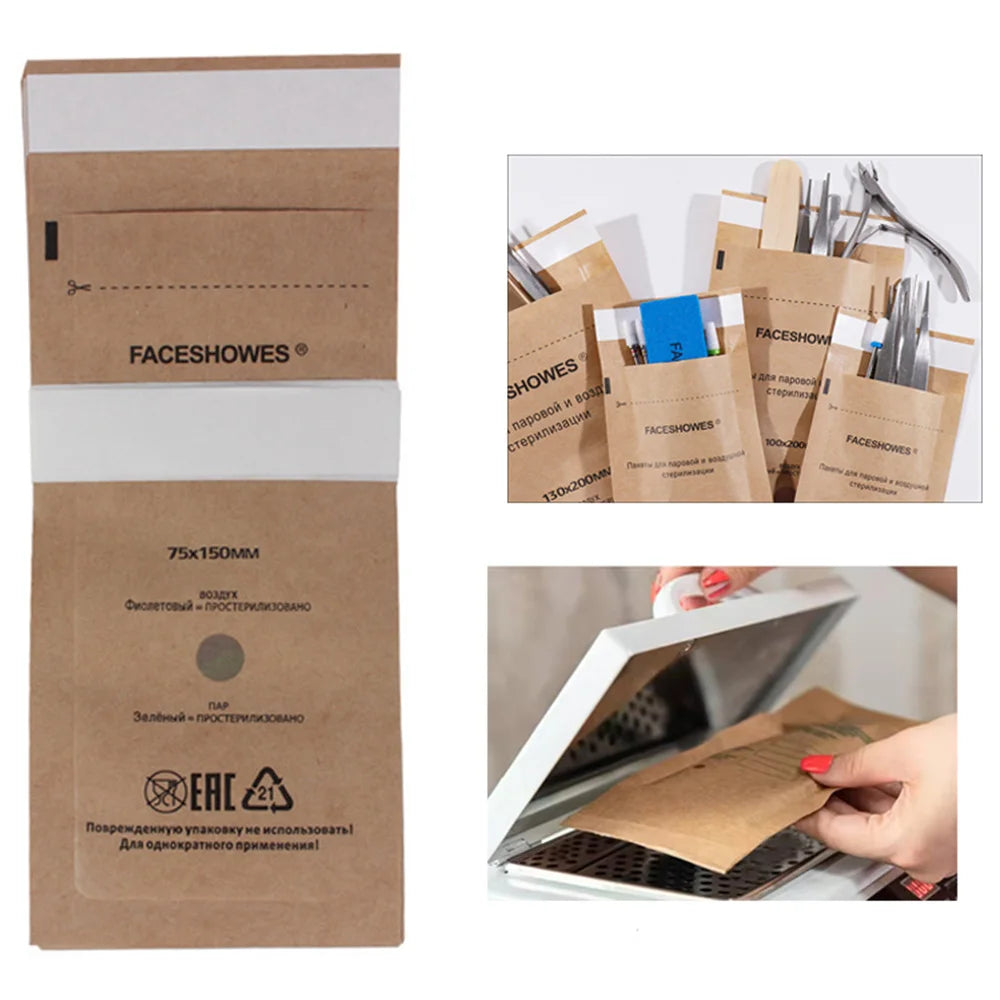 100/50/20PCS Disposable Nail Disinfection Kraft Bag Manicure Pouch Nail Gel Equipment Clean Sterilization Bags Tattoo Accessory