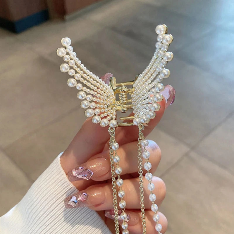 Super Fairy Butterfly Tassel Grab with Diamond Pearl Angel Wings Back Head Hair Grab Female Summer Half Tie Hair Artifact