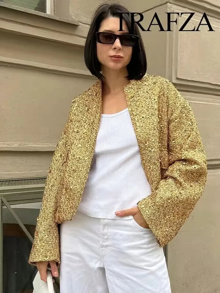 TRAFZA Women Trend Gold Sequin Decoration Loose Short Jacket Woman New Fashion Coat Versatile Warm Chic And Elegant Female Coats Viralgem Store