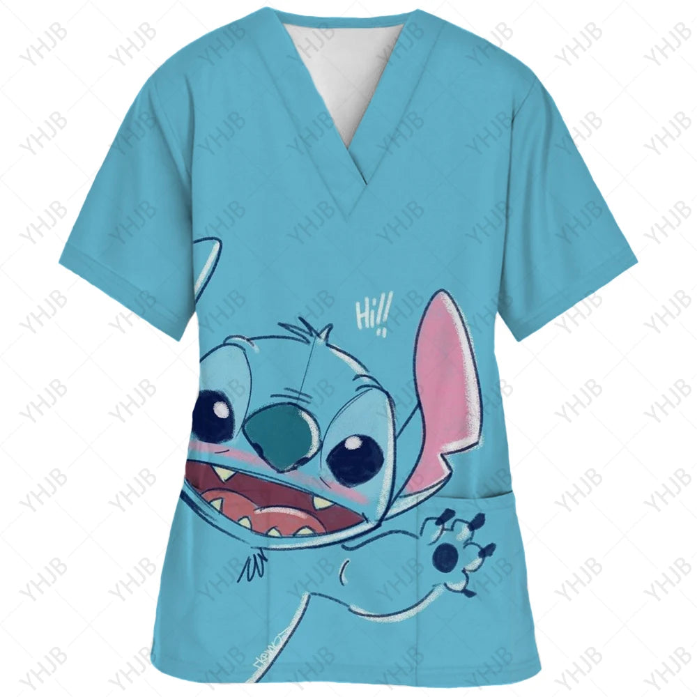 Top Women 2024 Minnie Mouse Tops Disney T Shirt Pocket T-shirts Hospital T-shirt Summer Nurse Uniform Woman Clothes Mickey Tees