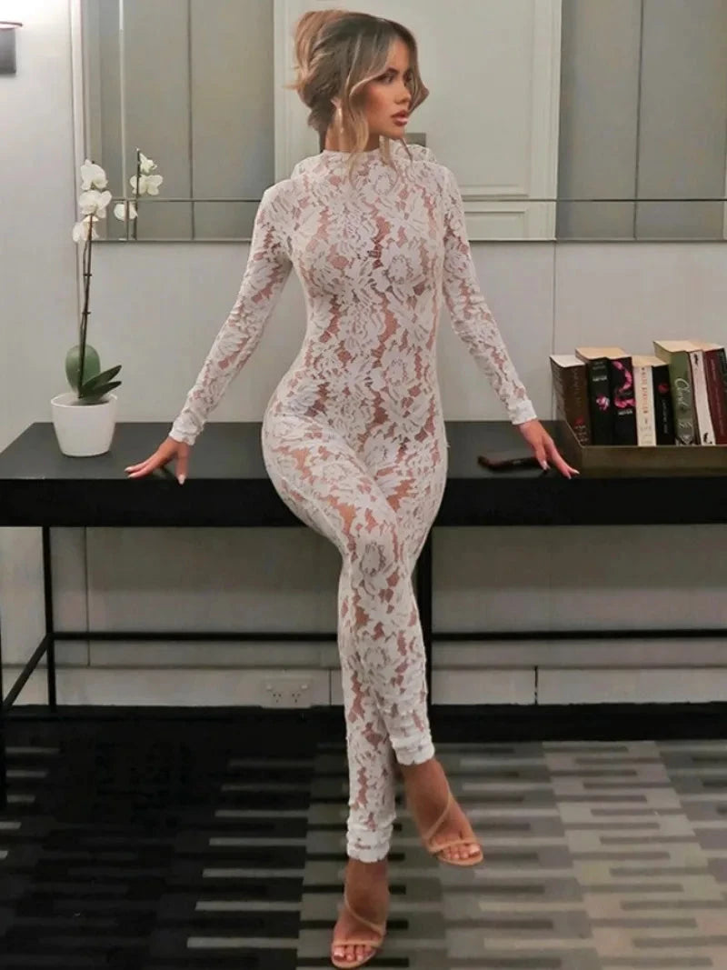 FDYOUI Sexy Lace Jumpsuit for Women 2025 Autumn Long Sleeve See-through Tight Bodysuit Evening Party Outfit White Black Clubwear Viralgem Store
