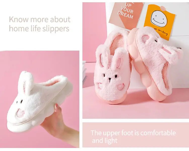 8 cm High platform fur slippers women's winter fluffy ear home shoes woman white bunny rabbit slippers woman house clog shoes