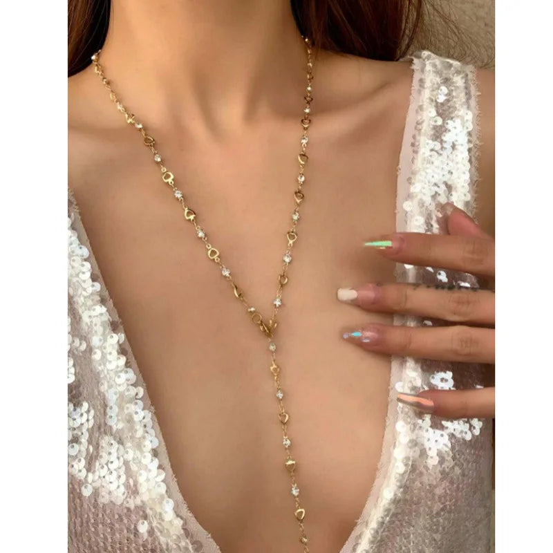 31.2in Fashion Colorful Glass Long Y-Shaped Necklace for Women Metal Collarbone Chain Summer Holiday Party Body Jewelry