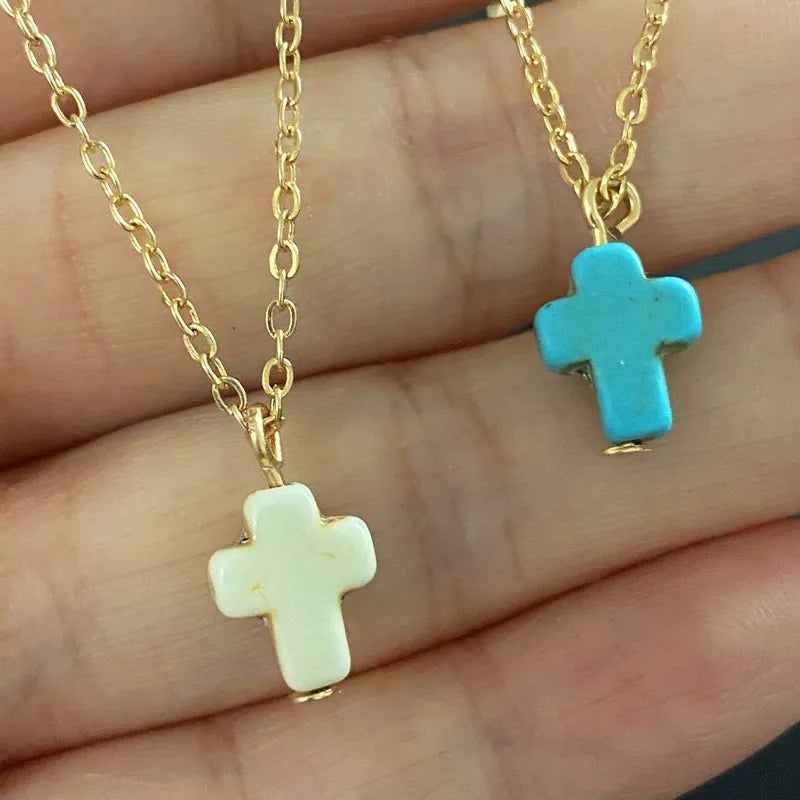 Tiny Cross Neckace for Women Fashion Blue White Color Pendant Fashion Choker Necklace Gift for Firend Wholesale Collar Jewelry