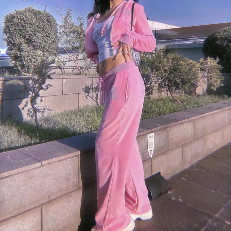 Vintage pink Zip-up Hoodie Women Velvet Tracksuit BRATZ letter print  Short hoodie casual Punk E-girl sweatshirt y2k aesthetic