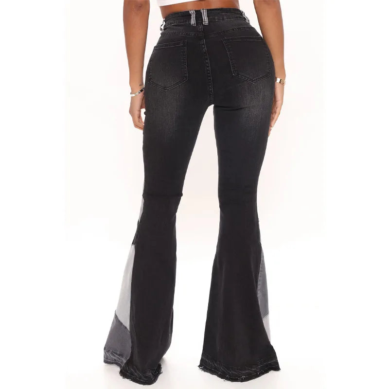 Women Flare Jeans Casual Pants Pannelled Collision Fashional High Waist Fit Female High Quality 91Y35