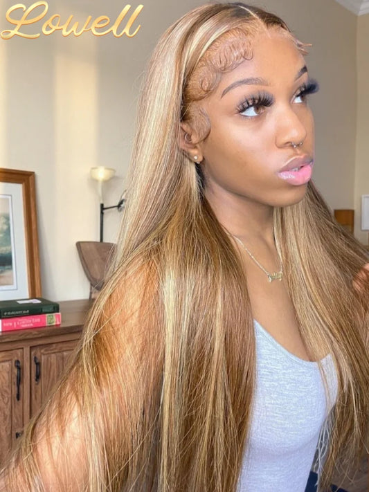 200% Density Bone Straight Blonde Ombre Highlight Wig HD Lace 13x6 Brazilian Human Hair Frontal Wig for Women Colored Hair Wig
