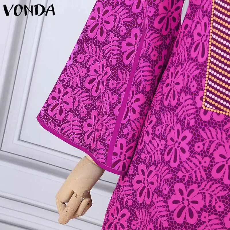 2024 VONDA Women Bohemian Dress Summer Printed Maxi Sundress V-Neck Long Flare Sleeve Party Vestidos Fashion Casual Loose Robe Viralgem Store