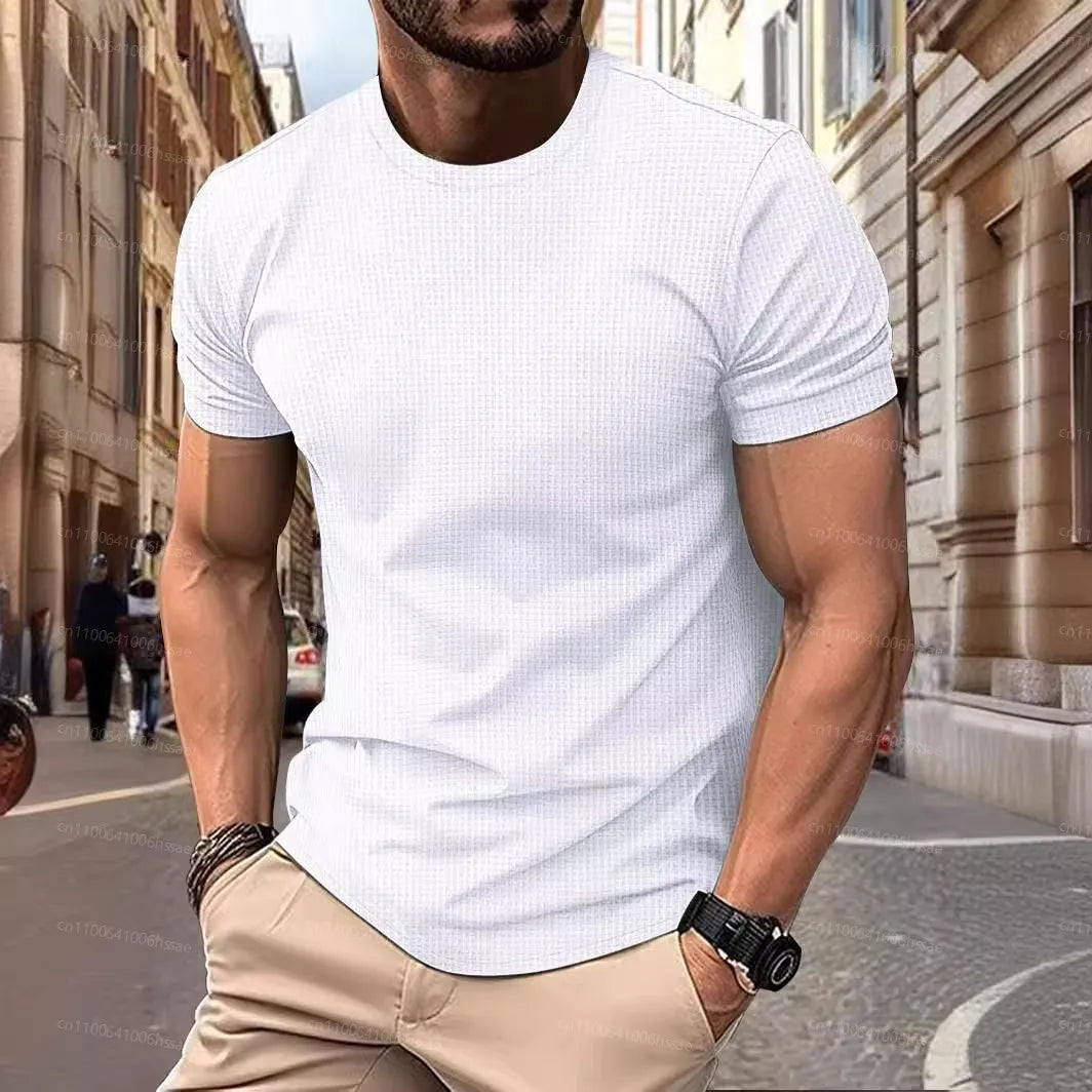 2025 New Summer Men's High-End Mesh Ice Silk Round Neck Short Sleeve Acrylic Anti-Wrinkle Pop Breathable High Street Polo Shirt