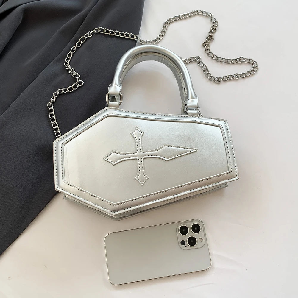Women Crossbody Bag Large Capacity Coffin Shape Phone Shoulder Bag Halloween PU Top Handle Bag for Travel Make Up Cosmetic Bag