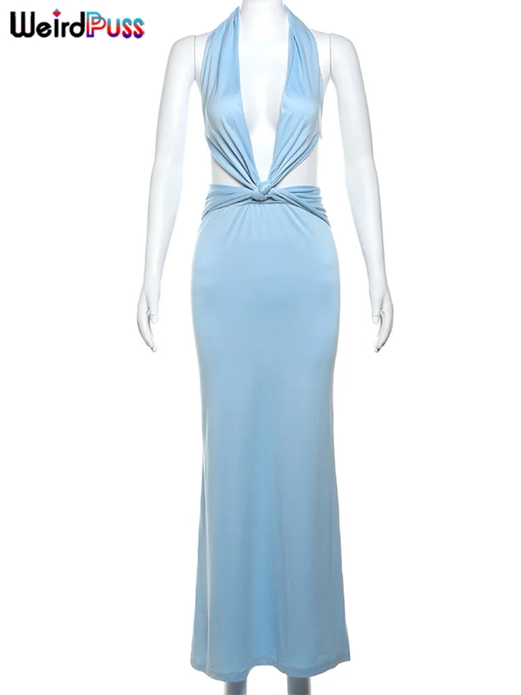 Weird Puss Knot Halter Dress Woman Summer Sexy Solid Backless Straps Ruffles Deep V-Neck Bodyshape Party Elegant Skinny Vestidos Viralgem Store