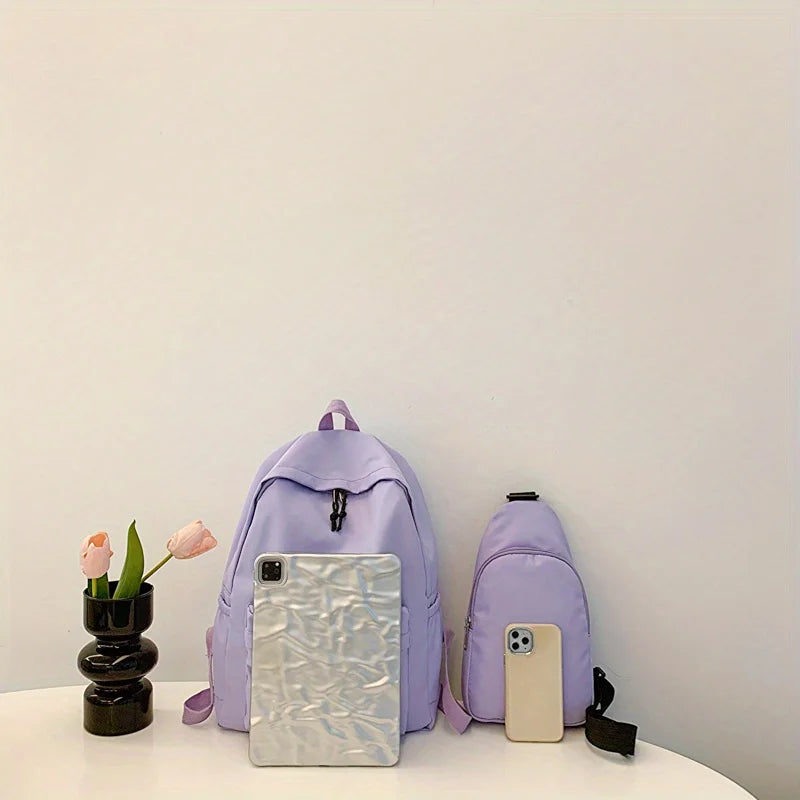 2pcs Bagset back to school Nylon Women Backpack Female Travel Bag  Solid Color Large Capacity School Season Casual Schoolbag