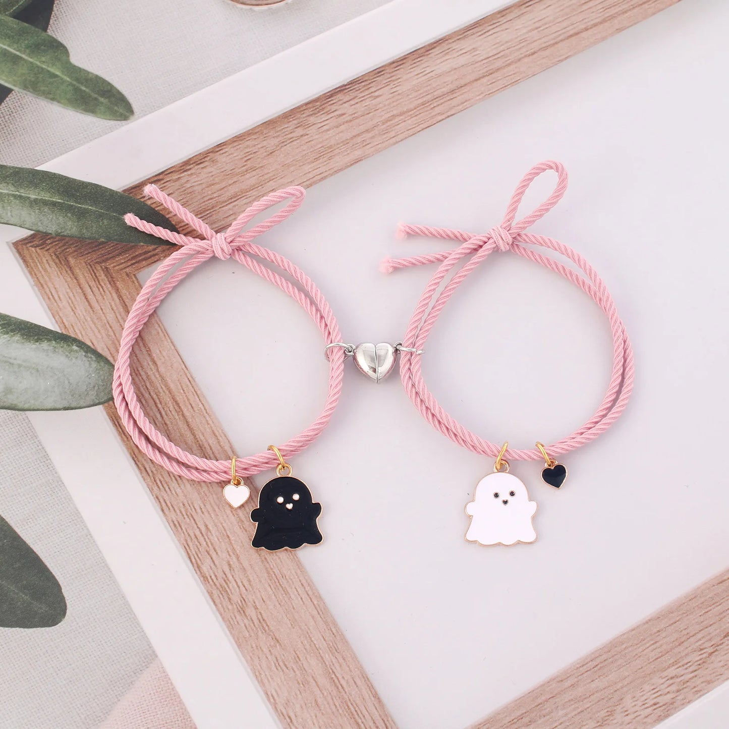 2Pcs Creative Heart Magnetic Matching Couple Bracelets for Women Men Cute Cartoon Ghost Pendant Bracelet BFF Friendship Jewelry