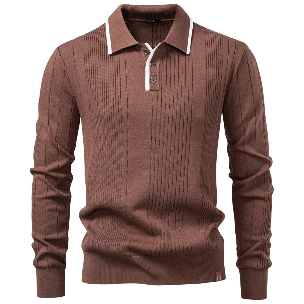 2025 Button Down Polo Shirt Men Solid Color Stripe Long Sleeve Fall Winter Luxury Warm Touch Business Casual Mens Polo Shirts