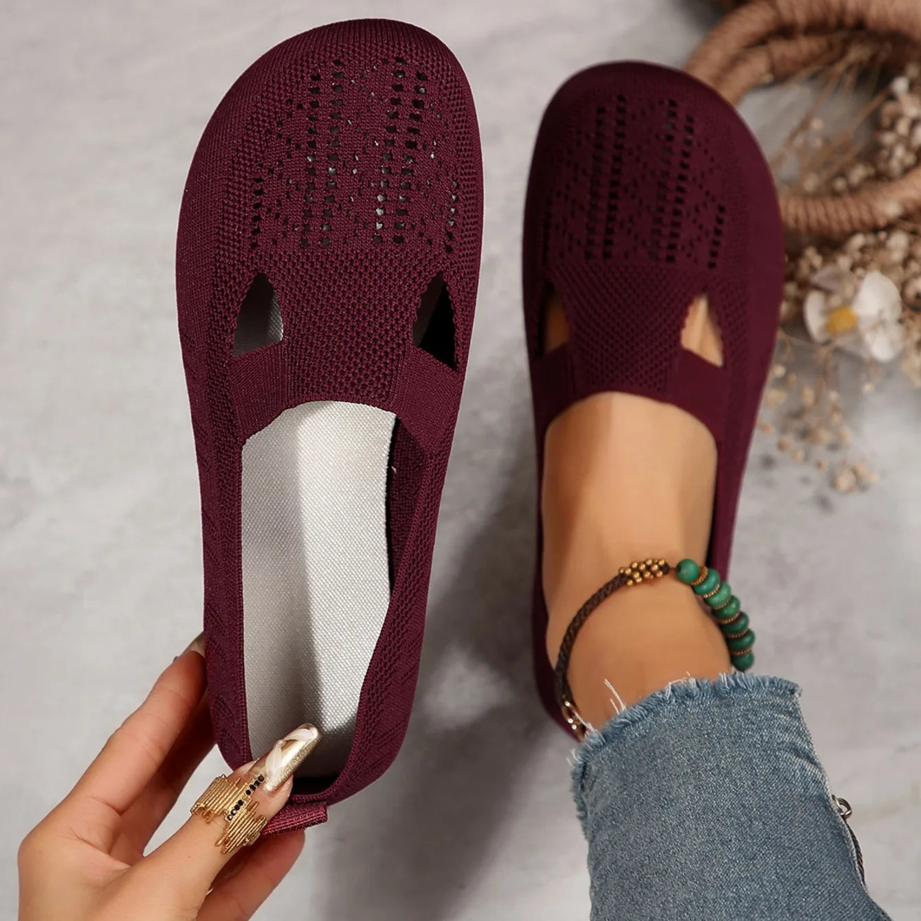 Women Flat Shoes Summer New Casual Breathable Mesh Loafers Square Toe Hollow Sneakers Barefoot Female Knitted Shoes for Women