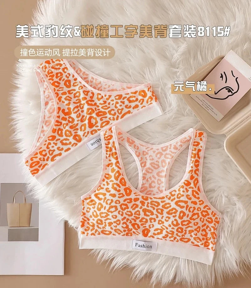 Women Seamless Bra Set Low Waist Panties Leopard Bralette Sexy Lingerie Set Vneck Sport Brassiere Female Cotton Underwear Set