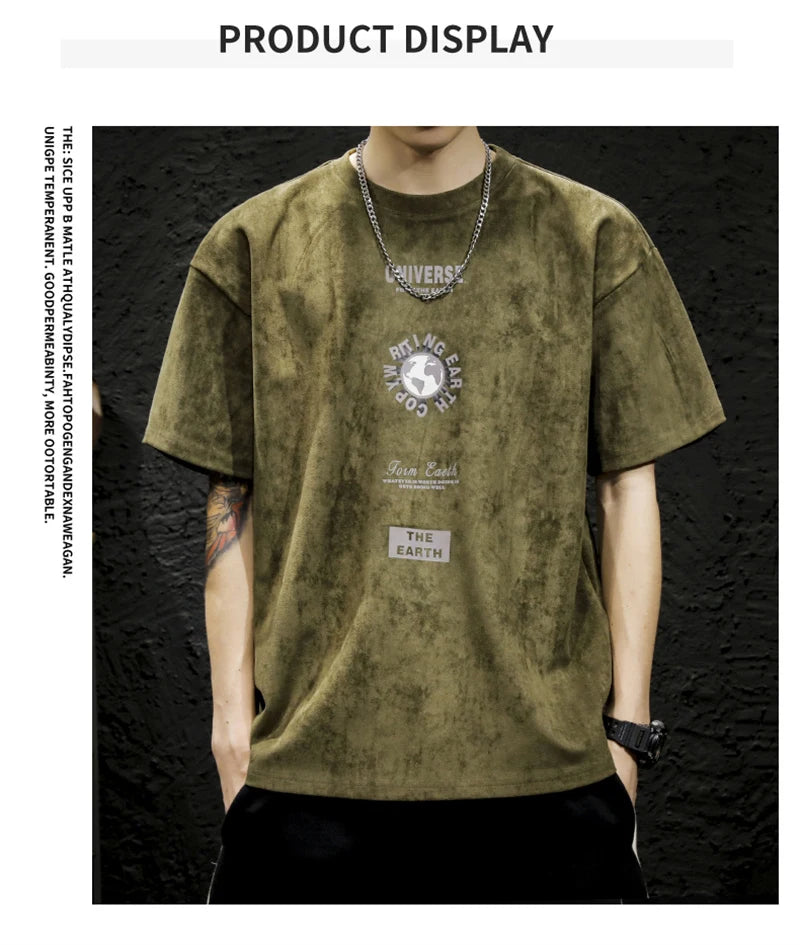 Summer Graphic Printed Suede Short Sleeve T-shirt For Men 2024 New Y2K Streetwear Oversized Tee Shirts Hip Hop O-Neck Tops
