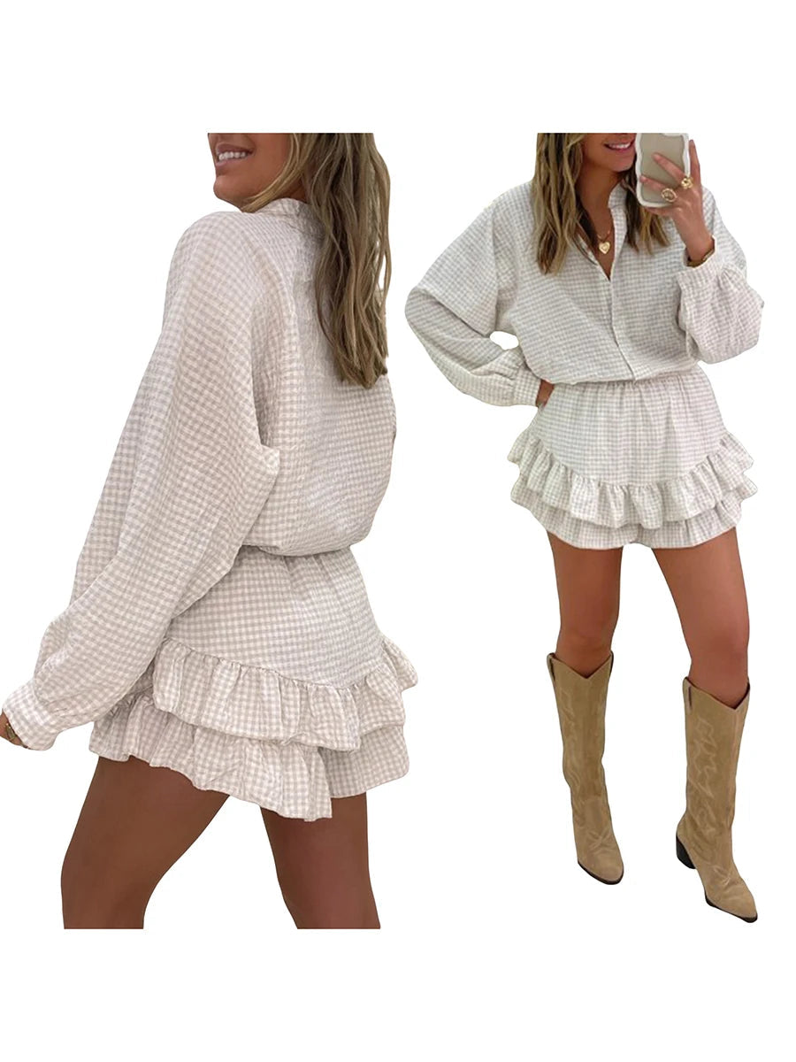 Women Retro Aesthetic Two Piece Outfits Skirts Sets Plaid Print Long Sleeve Button Shirts+High Waist Layered Mini Skirts Clothes Viralgem Store