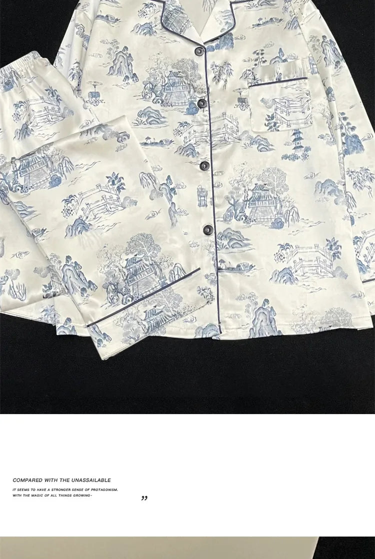 Women's Pajamas Sets Spring Autumn 2 Piece Paint Print Pyjama Faux Silk Satin Sleepwear Long Sleeve Pijama Mujer Pjs Homewear