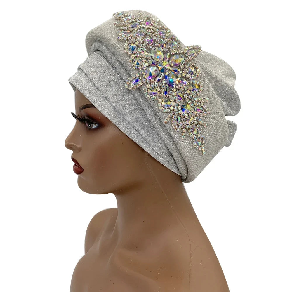 African Wrap Head Headgear Nigeria Auto Gele Headtie Turbante Mujer Luxury Rhinestone Turban Hat for Women Glitter