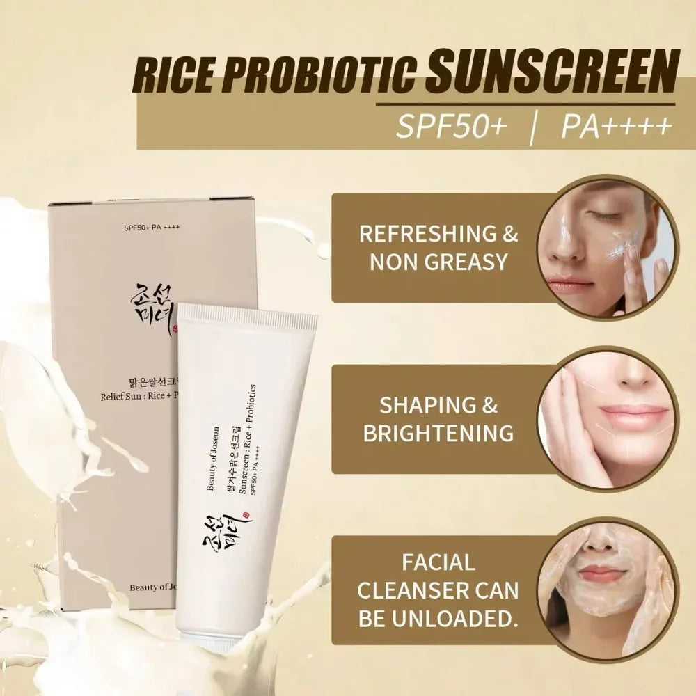 SPF50+ Sunscreen Korean Rice Probiotic Solar Blocker Skin Whitening Cream Anti UV Sun Block Facial Mild Moisturizer Serum 50ml
