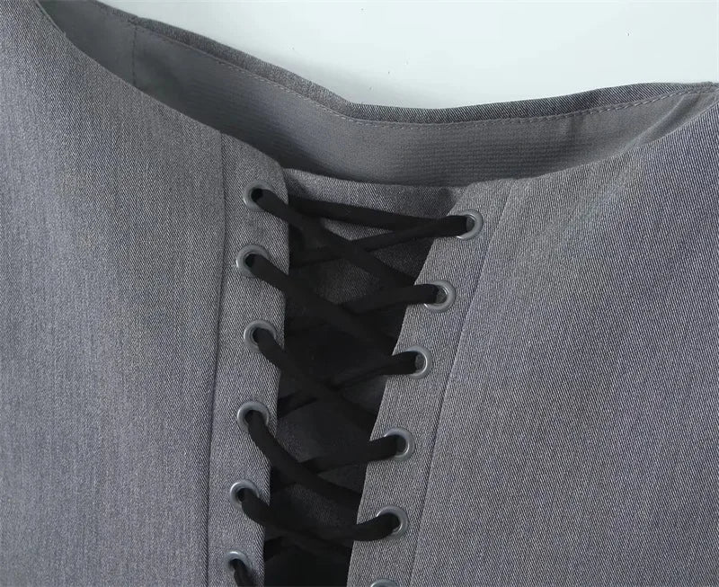 Women Square Neck Rowena Grey Lace Back Corset