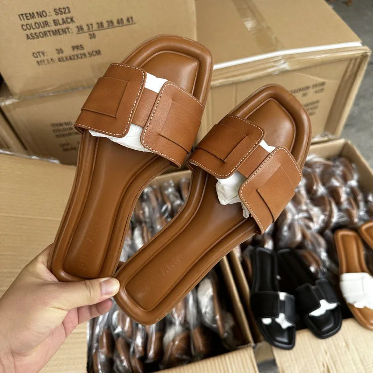 2024 Women Modern Slippers Summer Outdoors Comfortable Flat Slippers Luxury Leather Slippers Casual Slides Shoes Females Sandals