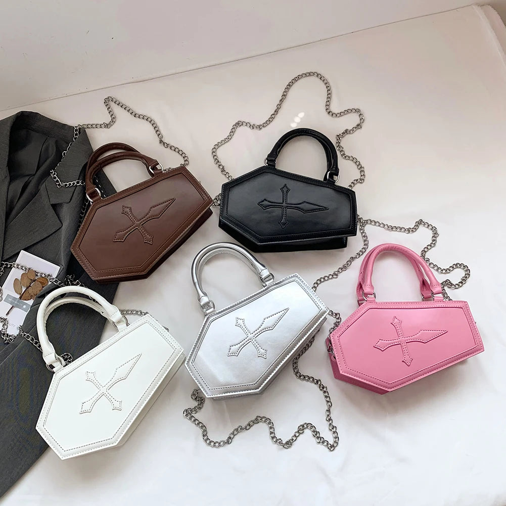 Women Crossbody Bag Large Capacity Coffin Shape Phone Shoulder Bag Halloween PU Top Handle Bag for Travel Make Up Cosmetic Bag