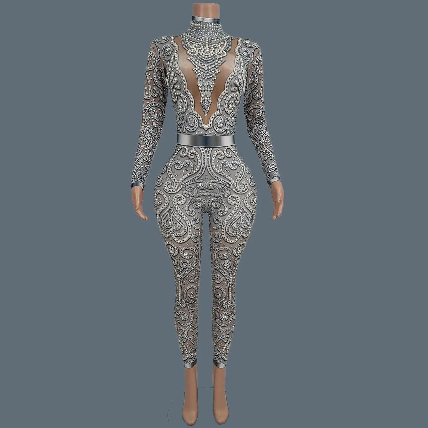 Women Sparkly Rhinestone Pearls Spandex Jumpsuit Nightclub Party Stage Performance Bodycon Wear Sexy Printing Jumpsuit Quanquan Viralgem Store