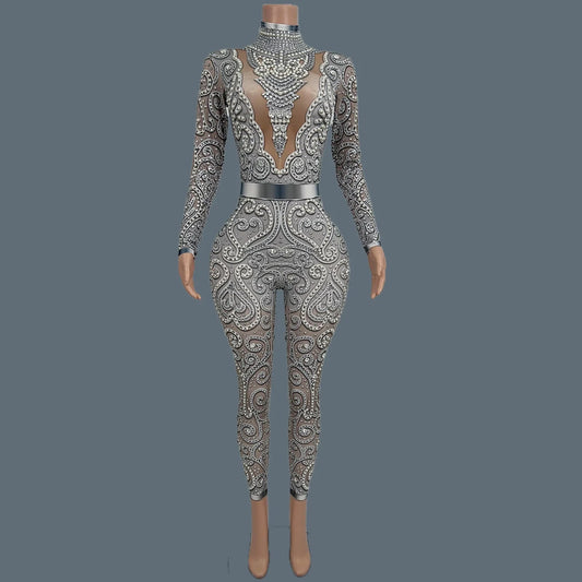 Women Sparkly Rhinestone Pearls Spandex Jumpsuit Nightclub Party Stage Performance Bodycon Wear Sexy Printing Jumpsuit Quanquan Viralgem Store