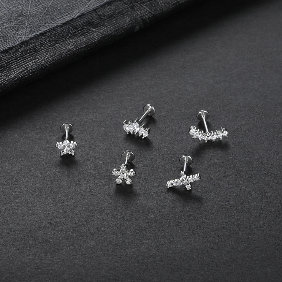 1PC Lip Stud Stainless Steel Ear Piercing Earring Nail Moon Ring Crystal Flower Cross Cartilage Tragus Screw Body Jewelry New