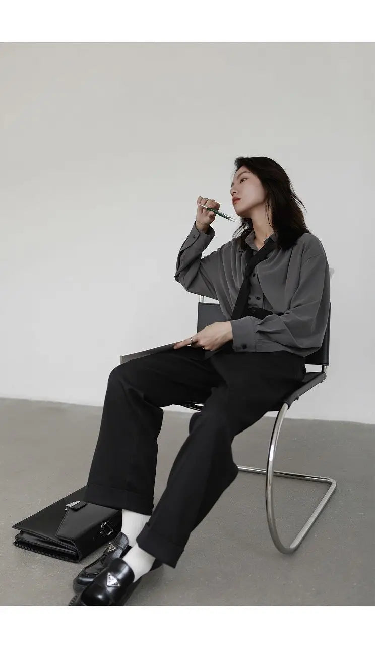 2025 Summer Minimalist Long Sleeve Button Up Shirt Women Korean Style Solid Tie Oversize Shirts Blouse Loose Clothes Autumn Tops
